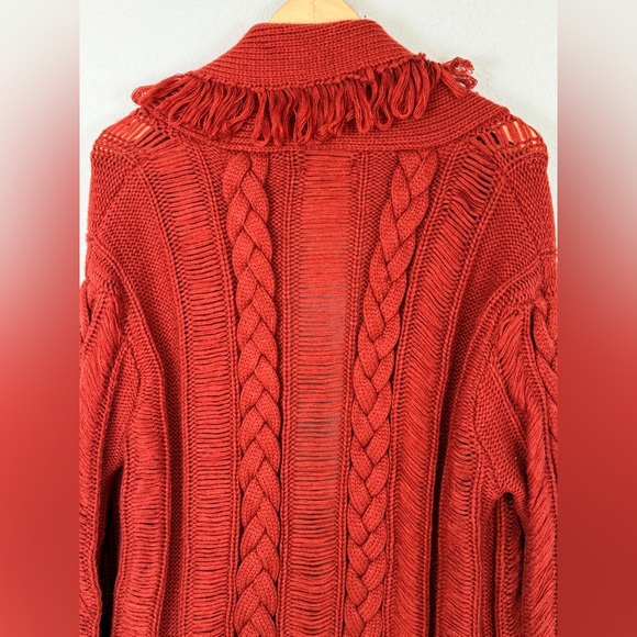 4SI3NNA Red/Orange Fringed Chunky Cable Knit Cardigan Sweater Medium - Picture 7 of 11